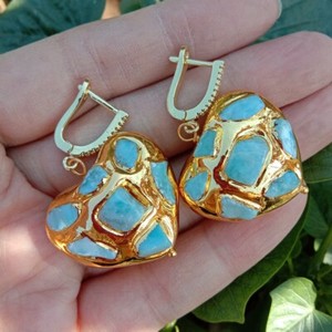 Authentic Natural Blue Larimar Heart Shaped Yellow Gold Plated Dangle Lever Back Earrings