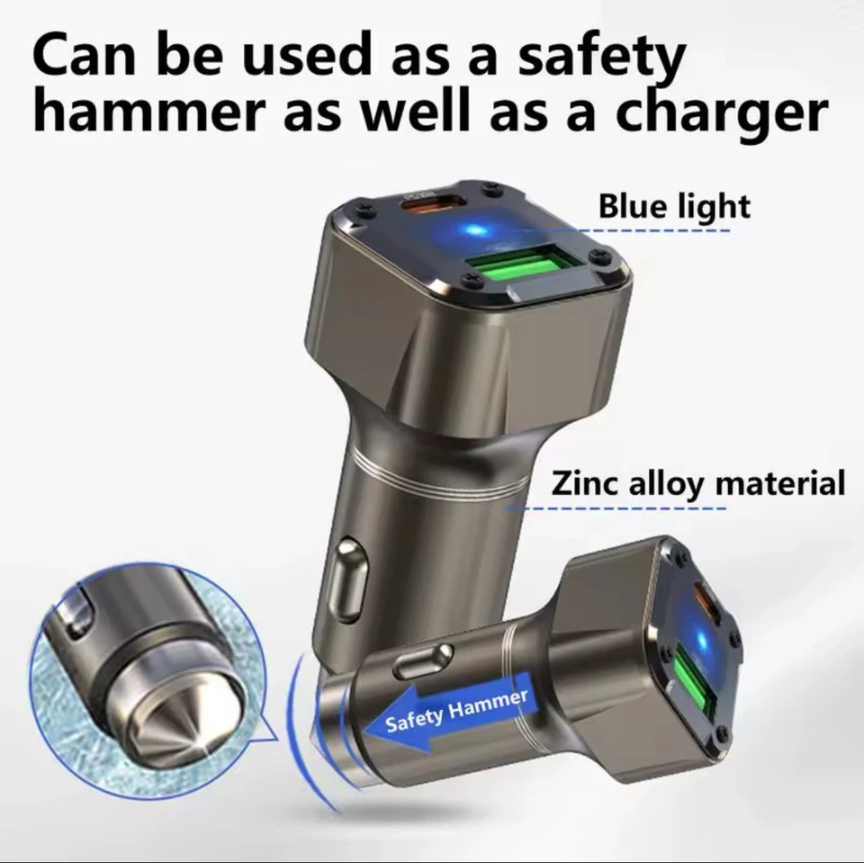 Car Charger USB C 30W Phone Charger With Safety Hammer Design Fast Charge USB - Image 2 of 4