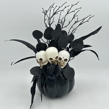 Happy Halloween 3 White Skeleton Skulls Black Pumpkin Table Decor Centerpiece