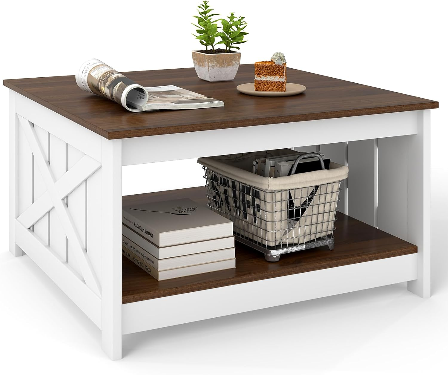 Coffee Table Square Wooden 2 Tier Storage Shelf Farmhouse Living Room Centre