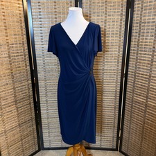 American Living Sheath Dress Women 14 Navy Blue Faux Wrap Ruched Beaded Cocktail
