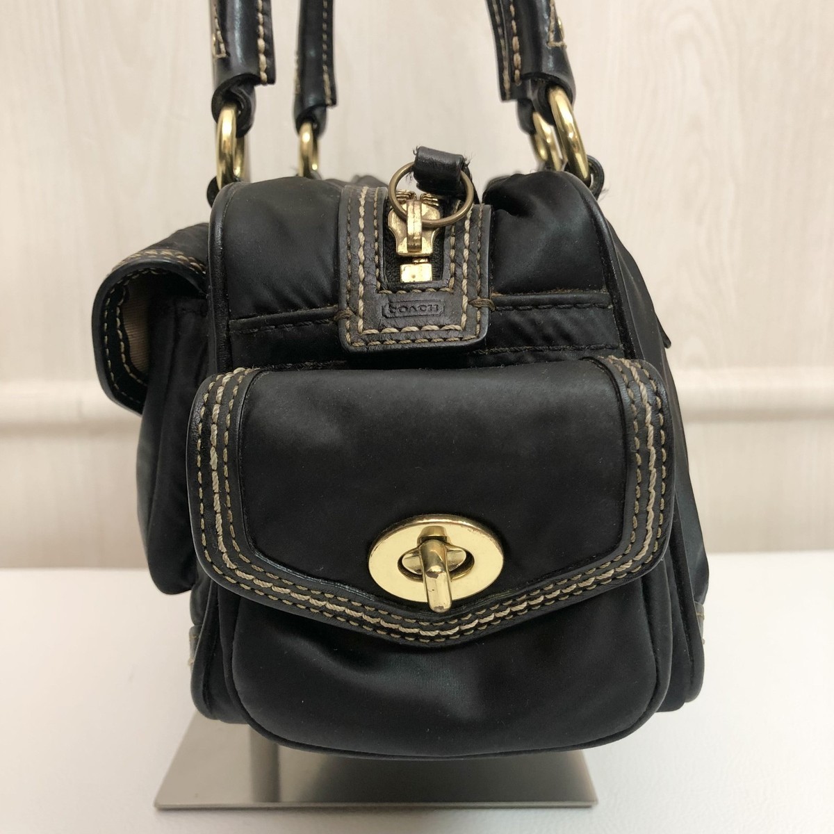 COACH 4452 Satchel Bag Hand Bag Black Leather Nylon turn