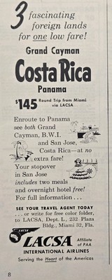 LACSA International Airlines Grand Cayman Costa Rica Vintage Print Ad 1957