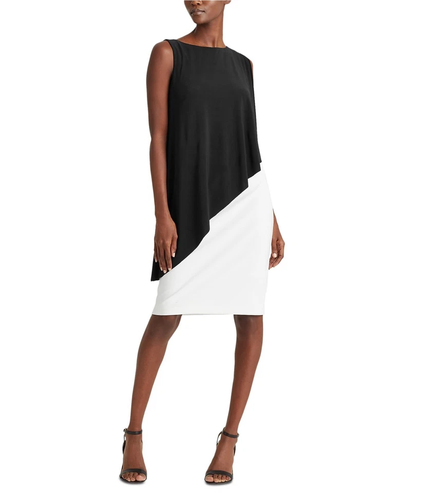 Vestido recto Ralph Lauren para mujer con capa, blanco negro, pequeño, 6P