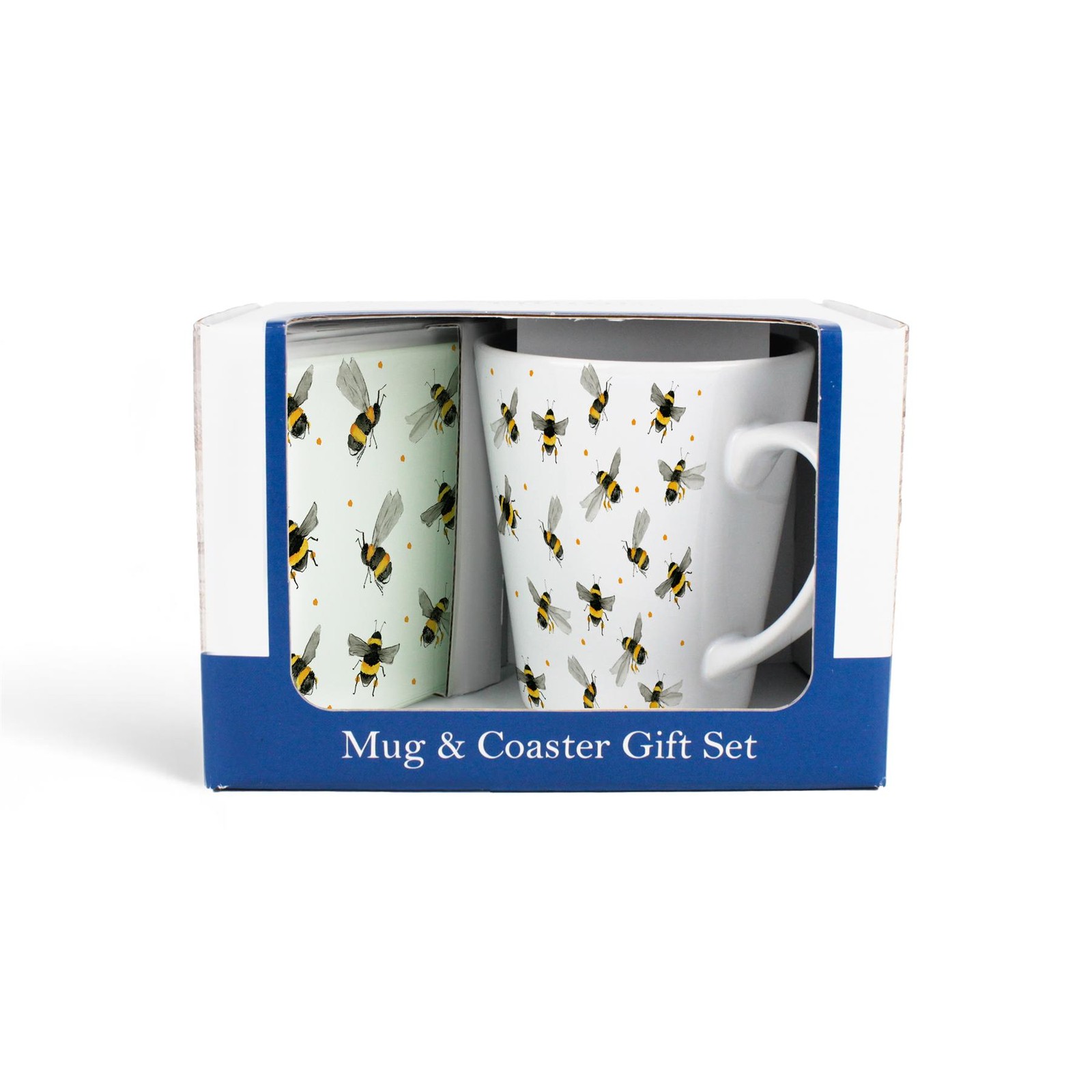 Bee Mug & Coaster Gift Set - Scattered Bees Ceramic Latte Cup and Glass Coaster
