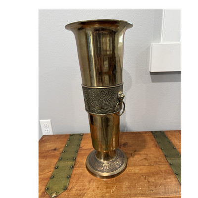21 in Antique Brass Umbrella Stand with Lion Head Ring Handles and Ornate Design