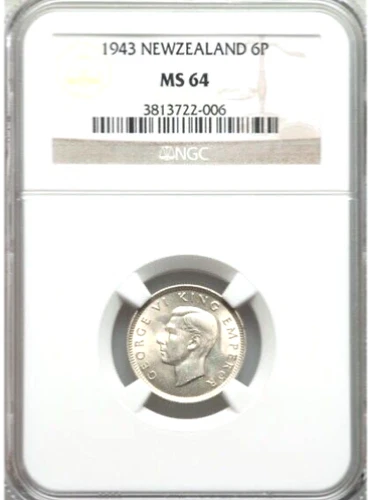 1943 New Zealand 6 Pence NGC MS 64