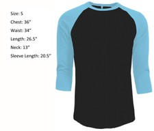3/4 Sleeve Plain T-Shirt Baseball Raglan Jersey Men's Tee Black Light Blue S