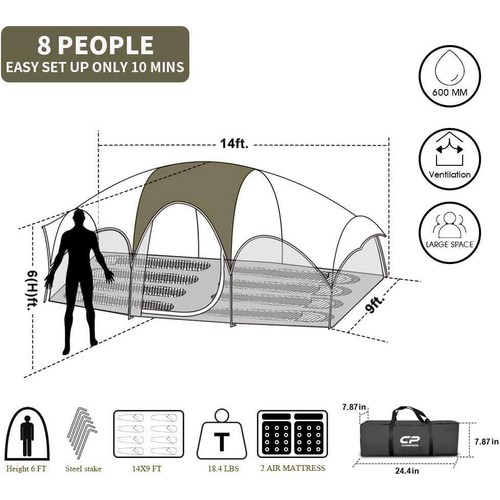 Dark Green 6-Person Camping Tent, Waterproof Windproof Family Tent, 4 Mesh - Picture 6 of 6