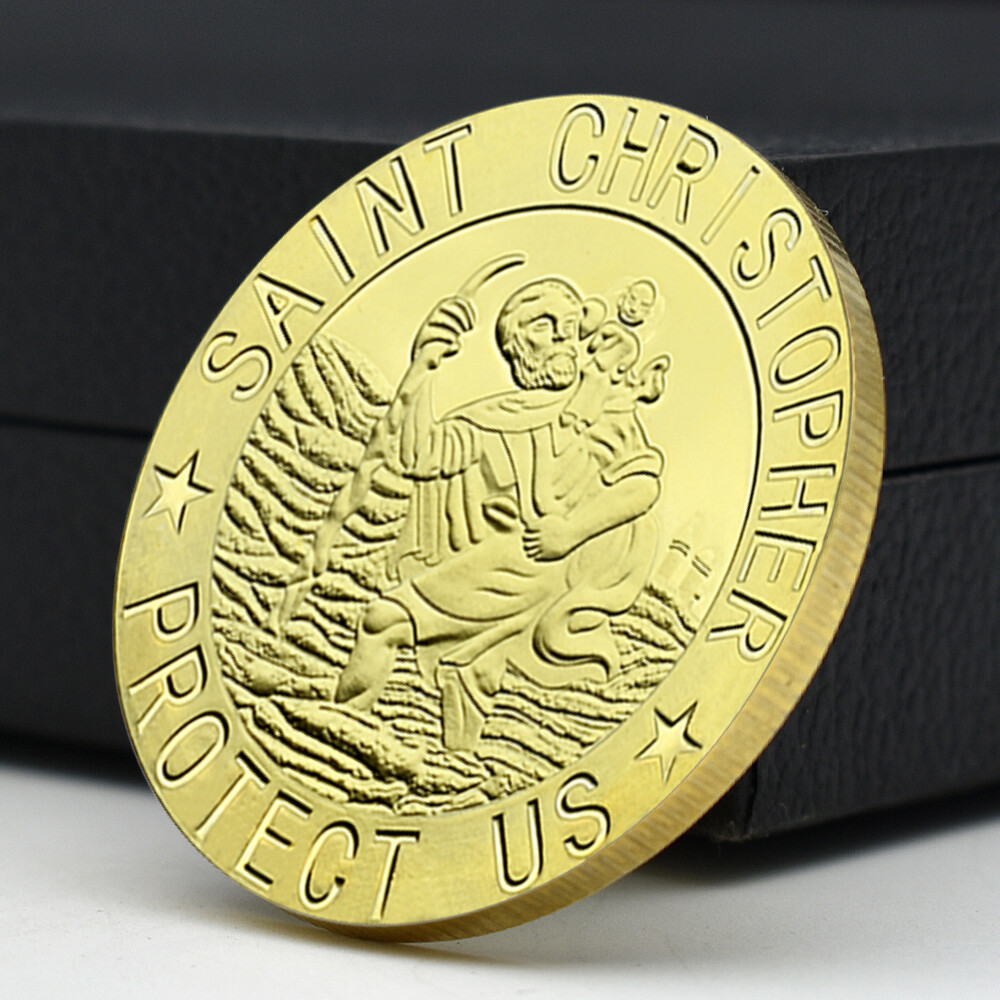 Saint Christopher Golden Challenge Coin Lord Jesus Cross Christian