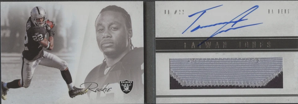  2011 Panini Playbook #132 Taiwan Jones Rookie Card  Auto Jersey /399 Raiders - Image 2 of 3