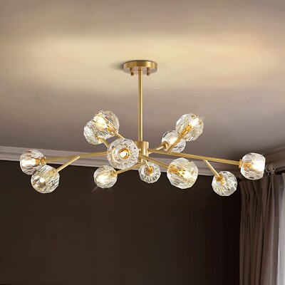 36 in. 12-Light Solid Brass Modern Crystal Chandelier Sputnik Pendant Lighting