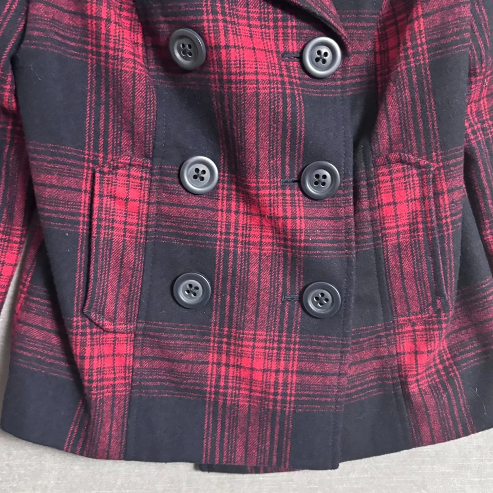 Abrigo Vintage Antiguo Azul Marino XS Rojo Lana a Cuadros Recortado Trinchera Guisante Años 90 y2k Gótico Grunge Foto 3 de 4