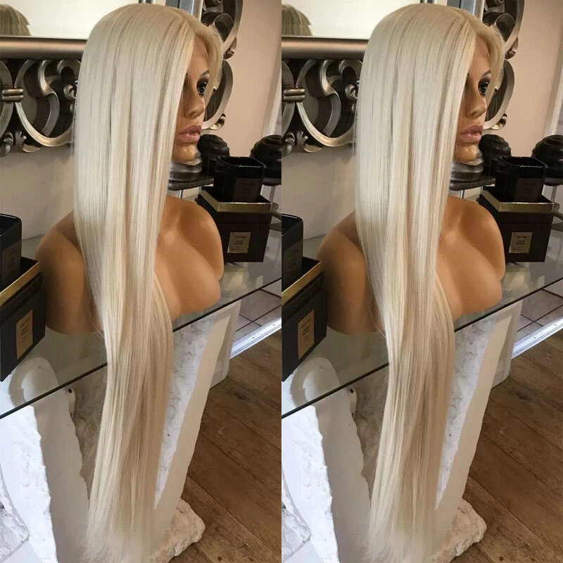 Perucas frontais de renda resistente ao calor cabelo sintético longo reto platina loiro - Imagem 4 de 4