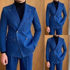 Formal Denim Suits For Men Double Breasted Six Button Peak Lapel Party Tuxedos
