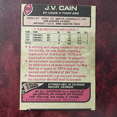 1977 Topps Set J.V. CAIN MARV BATEMAN MISCUT CARD #504 CARDINALS