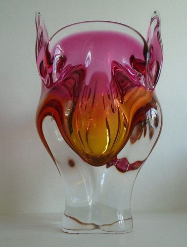 CHRIBSKA sommerso art glass cats head ear vase pink orange JOSEF HOSPODKA Czech - Picture 3 of 12