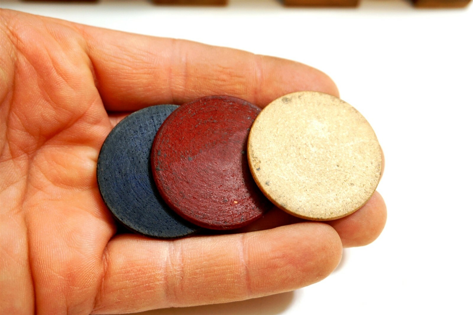 Antique / Vintage wooden Poker chips inside a Burl Walnut (??) wood