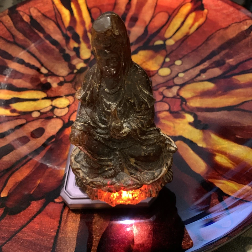 Estátua rara antiga chinesa antiga de deusa esculpida em âmbar vermelho Kwan-yin Guan Yin 5,8" - Imagem 3 de 4