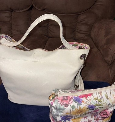 Carlos Santana Large White & Floral Tote Purse Shoulder Bucket Bag W/small Bag