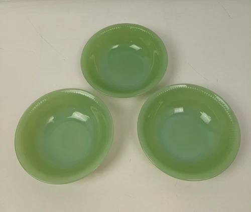 Vintage Fire King 6" Jane Ray Oatmeal Cereal Bowls Jadeite Green Glass Ribbed