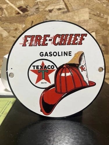 6” Vintage Texaco Sign - Texas Fire Chief Gas Motor Oil Pump Shop Porcelain Sign