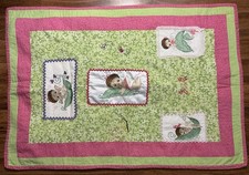 Handmade Pink Green Embroidered Baby Quilt Nestled In Leaves Butterflies 38X26 