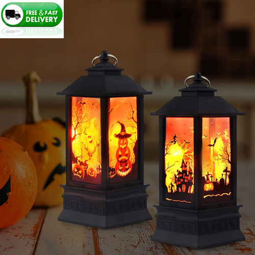 2 Stück Halloween Deko Laterne, 7,9 x 3,3 Zoll tragbare LED Kerzenlaterne, Simulation C