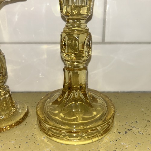 Fostoria Hermitage Topaz Yellow Gold Pillar Candlesticks 6” Wide Base Reversible - Picture 9 of 10