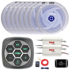 Metra Marine Boat Controller, 8x 8'' Blue LED Speakers, 2x Amp, Splitter, Kit