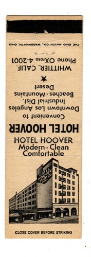 HOTEL HOOVER matchbook matchcover - WHITTIER, CALIFORNIA