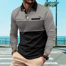 Mens Polo Shirts 3D Stripe Colorblock Print Fashion Sports Lapel Golf T-Shirt Me