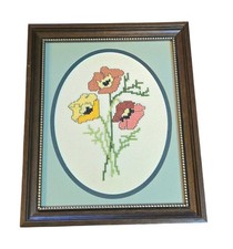 Vintage Flower Cross Stitch Framed, 1980s