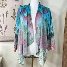 Citron Santa Monica Blue Silk Paisley Open Cardigan Topper Jacket Boho Coastal L