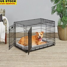 Double Door Folding Dog Crate W/ Divider Panel Leak Proof Pan Safe Design New