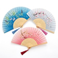 3 Pcs Traditional Korean Folding Fan Bamboo Hanji Paper Cherry Blossom Tassel