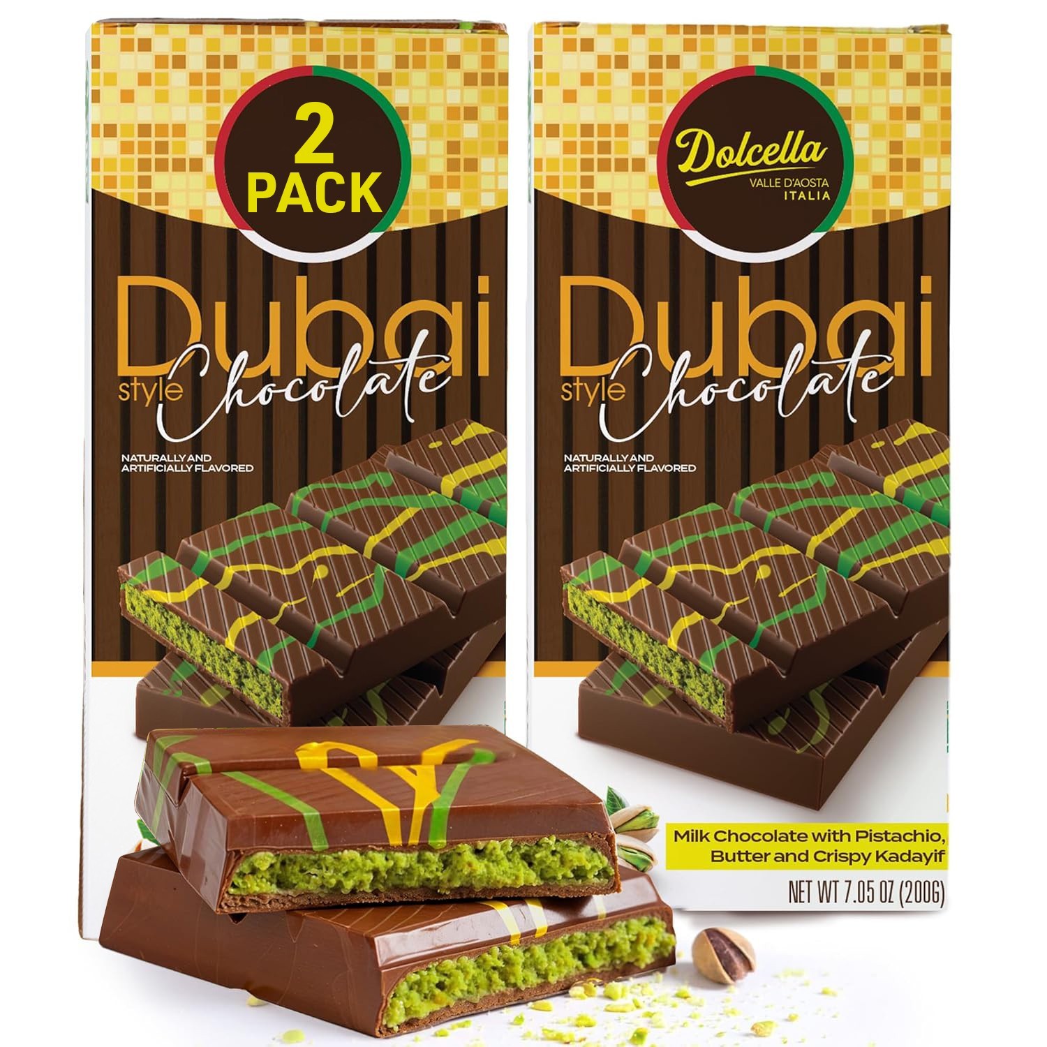 Dolcella Dubai chocolate con leche con mantequilla de pistacho y barra crujiente Kadayif 14,1 oz
