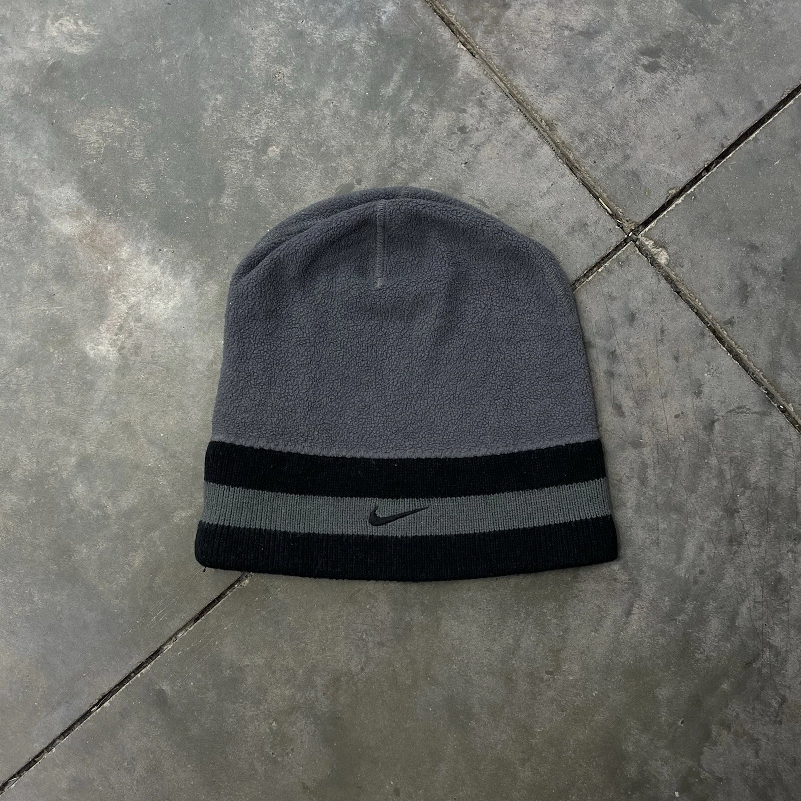 Vintage Nike Fleece Mini Swoosh Logo Beanie Striped Dark Grey 90s Ski
