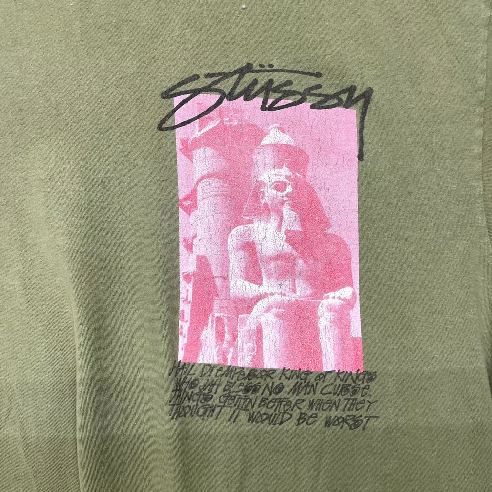 Stussy Egypt Y2K T Shirt Mens XL Olive Green Graphic Print Streetwear Outdoor - Image 4 of 4