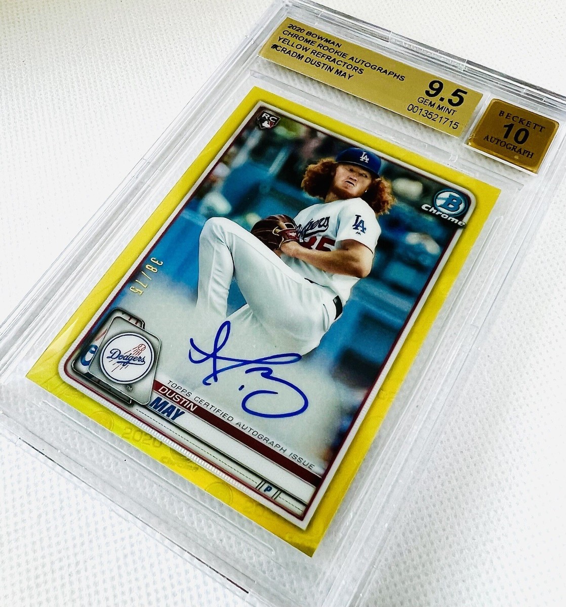 2020 Bowman Chrome Dustin May RC Auto Yellow Refractor #/75 Rookie