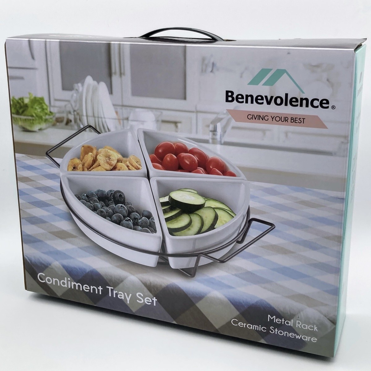 Benevolence 4-Tray Condiment Set, White Ceramic Stoneware with