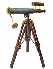 Marine Navy Brass Double Barrel 14" Telescope with Wooden Tripod Stand Nautical 