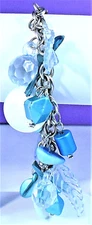 Vintage Turquoise Stones Plastic Bead Silver Tone Charm Chain Bracelet Claw Clsp
