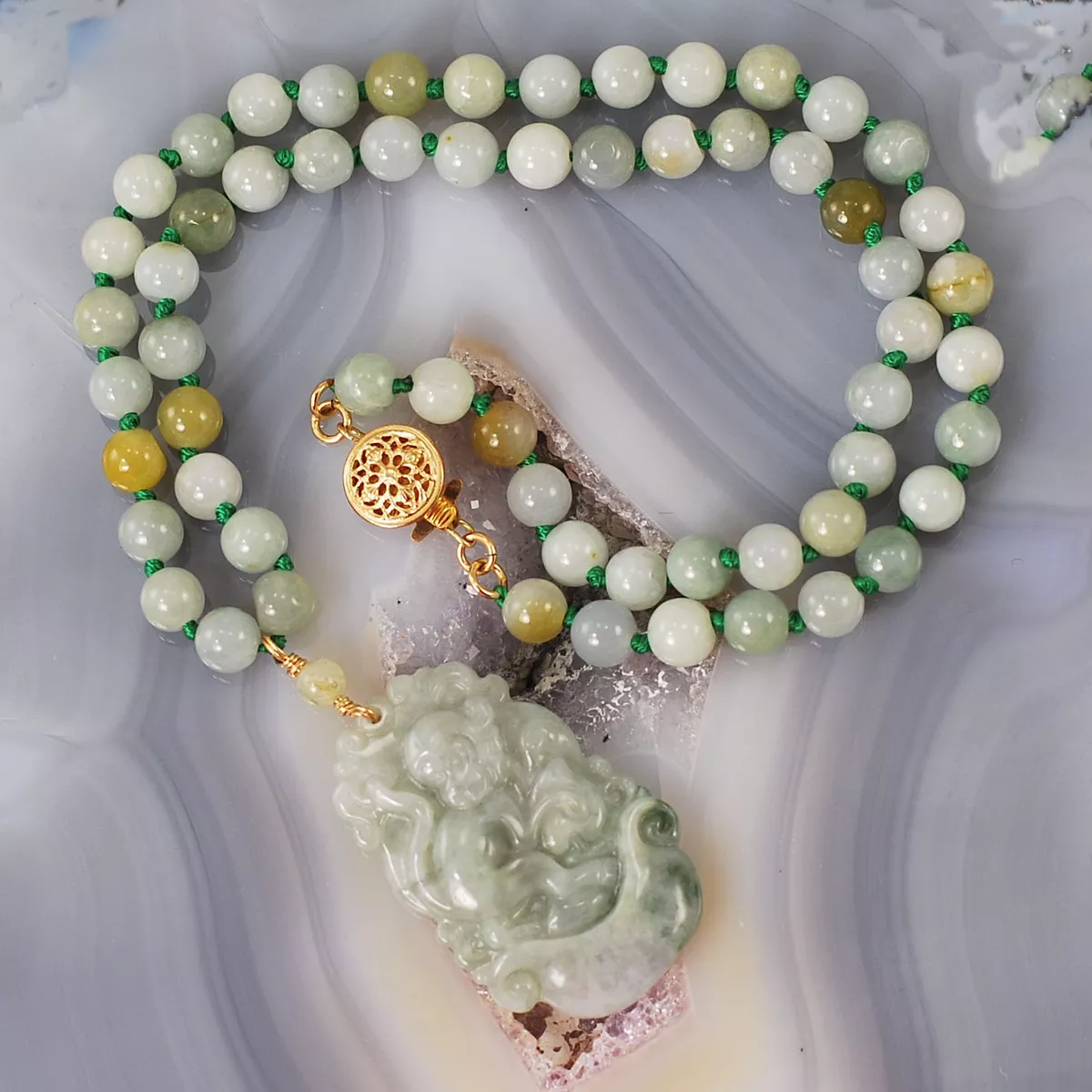 Hand knotted Carved Jade Monkey Pendant Necklace Gold filled Clasp