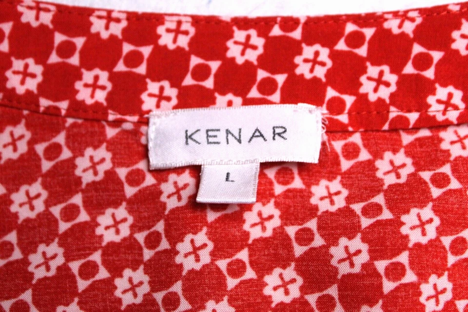 KENAR 长衫罩衫女士尺寸 L 红色白色地理印花 3/4 袖轻便 — 第 3/4 张图片