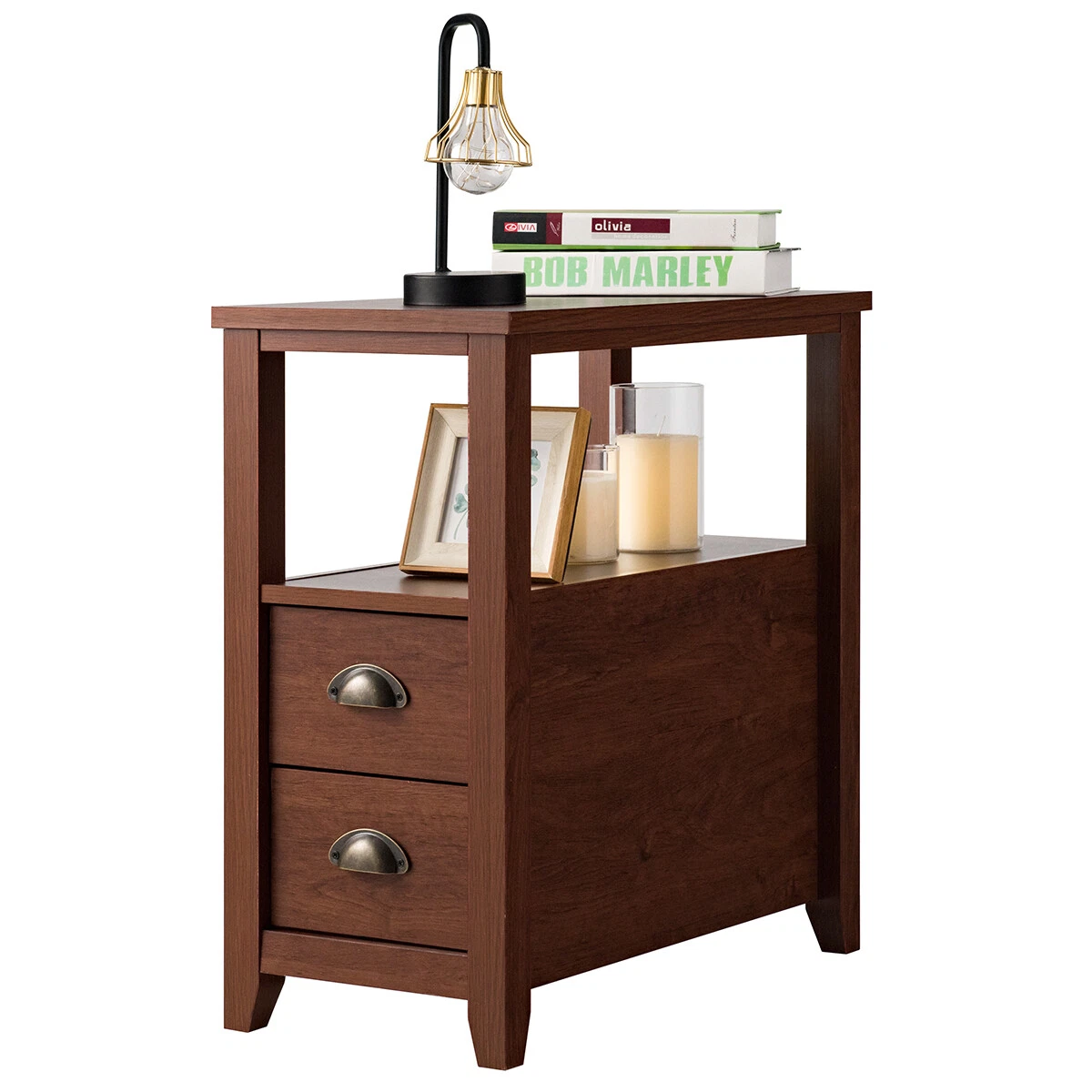 End Table w 2 Drawer Shelf Narrow Chair Side Nightstand Rustic