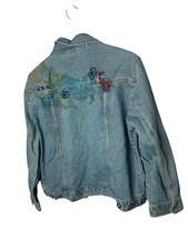 CHICOS Denim Jean Jacket Asian floral Embroidered Size 2 Medium womens