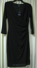 NWT Chaps Women's Lined Black Dress V Neck Ruched Side  3/4 Sleeve Size 6  $110