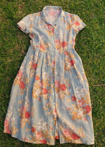 Vintage Ladies S Teal Floral Dress Folklore farm country tea sun linen? - Picture 20 of 24