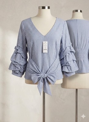 NWT White House Black Market Seersucker Blouse 14 Blue White Stripe Ruffle Sleev